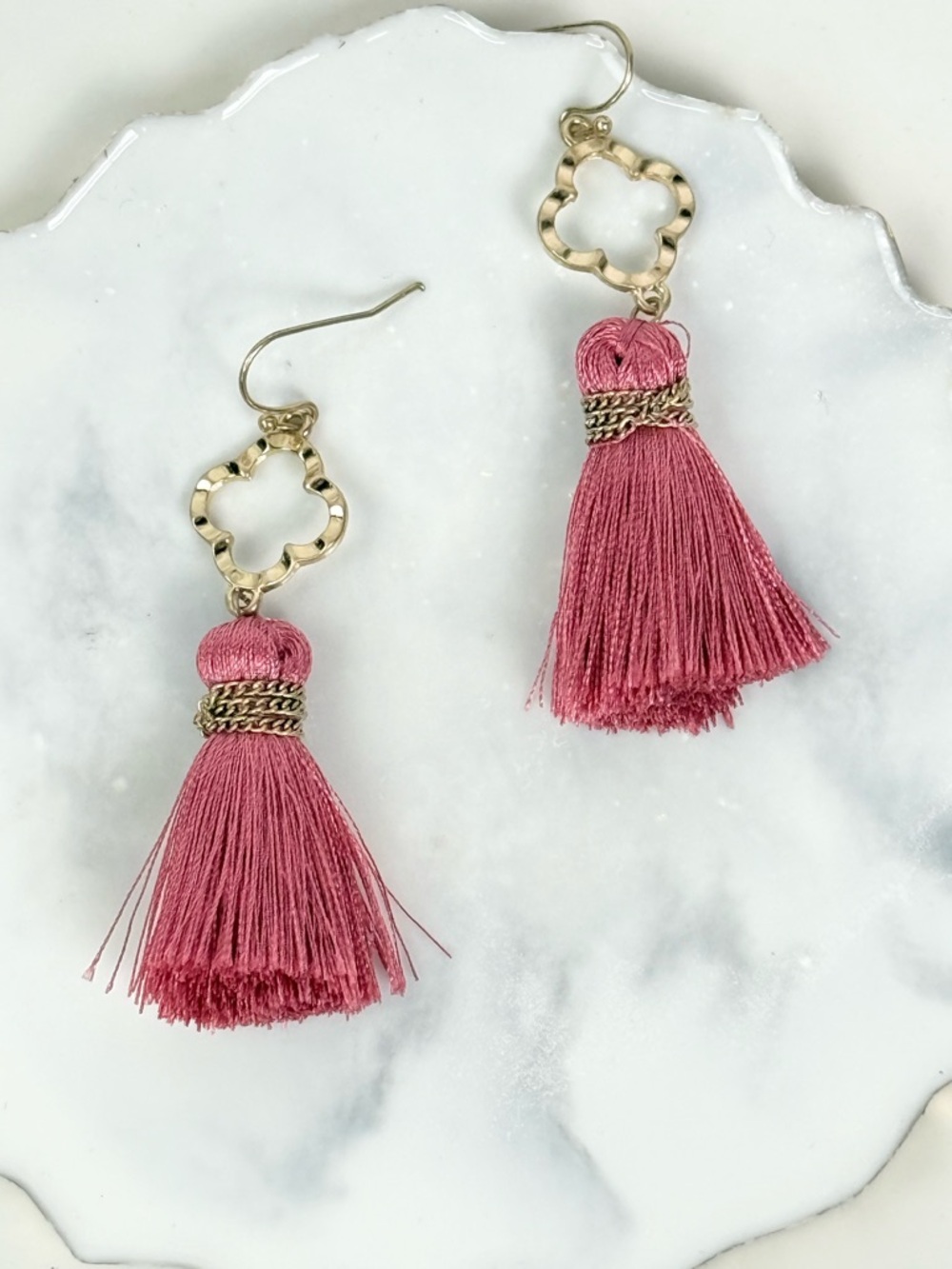 Pink Tassel Clover Drop Earrings Gold Tone Boutique Statement Fashion Earrings - Picture 2 of 4